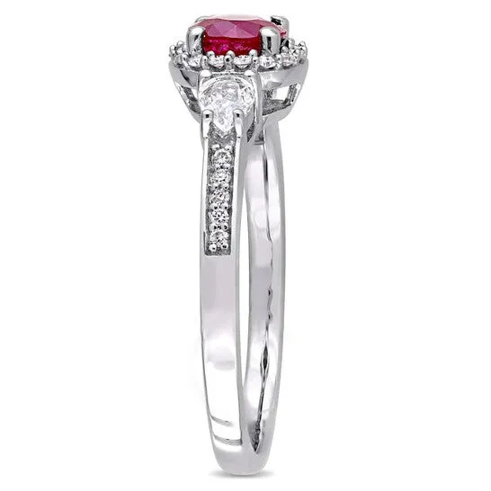JMS always Rings Original Amour Ruby White Sapphire 3Stone Ring with Diamond Halo Accent in 14k White Gold JMS always Rings Original Amour Ruby White Sapphire 3Stone Ring with Diamond Halo Accent in 14k White Gold