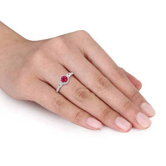 JMS always Rings Original Amour Ruby White Sapphire 3Stone Ring with Diamond Halo Accent in 14k White Gold JMS always Rings Original Amour Ruby White Sapphire 3Stone Ring with Diamond Halo Accent in 14k White Gold
