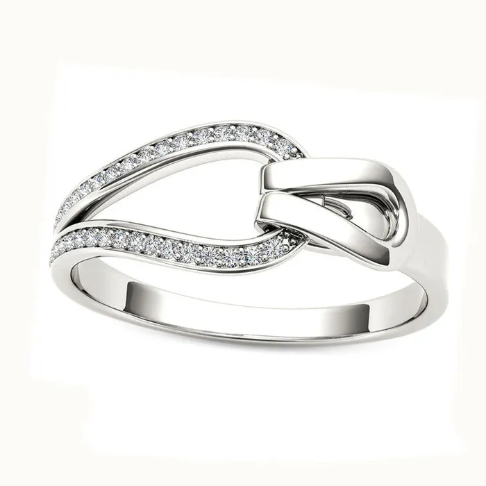Natural Diamond Accent Buckle Ring in Solid 10K White Gold Goldia Rings
