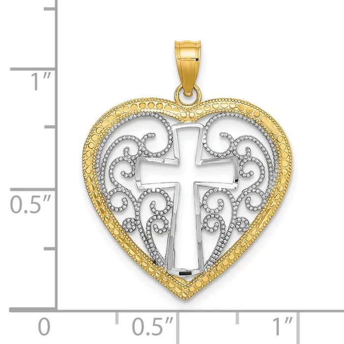 Necklaces Goldia 14k Yellow u0026 Rhodium Gold wRhodium CutOut and Beaded Filigree Heart wCross Charm