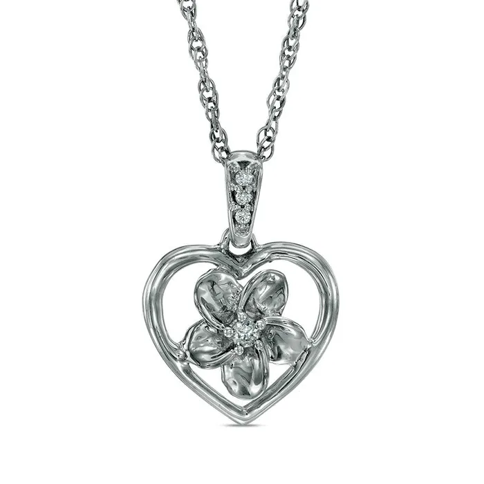 Necklaces Goldia Natural Diamond Accent Heart Frame Flower Pendant in Sterling Silver