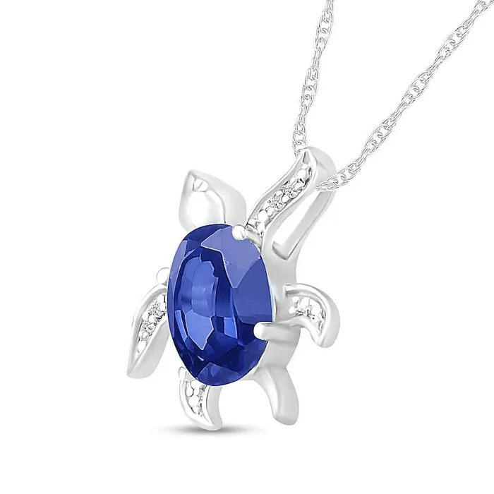 Necklaces Oval Blue LabCreated Sapphire and Diamond Accent Beaded Tilted Sea Turtle Pendant in Sterling Silver Goldia