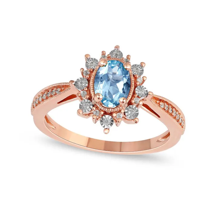 Oval Aquamarine and 010 CT TW Natural Diamond Sunburst Frame Antique VintageStyle Tapered Shank Ring in Solid 10K Rose Gold Goldia Rings Oval Aquamarine and 010 CT TW Natural Diamond Sunburst Frame Antique VintageStyle Tapered Shank Ring in Solid 10K Rose Gold Goldia Rings