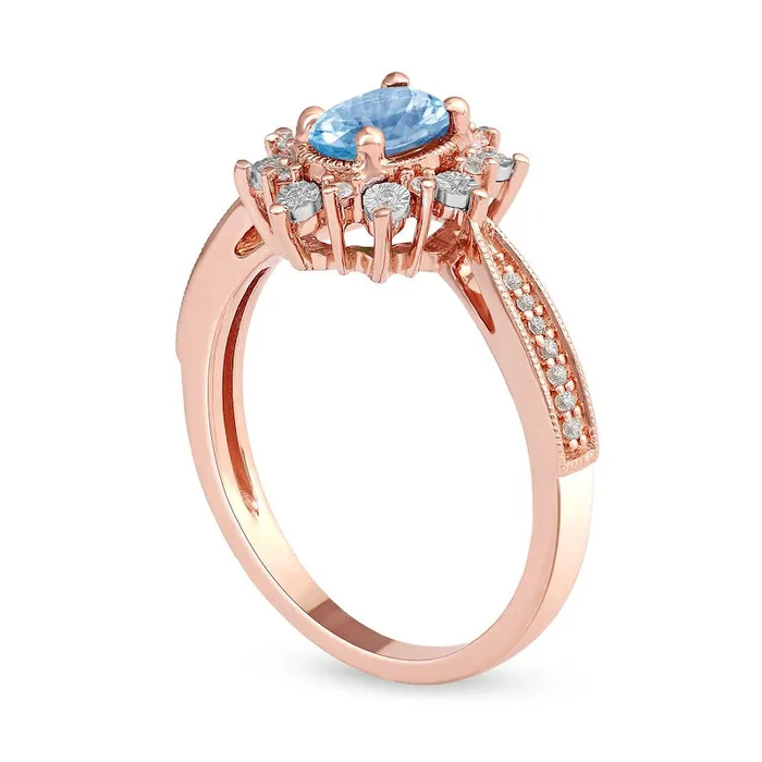 Oval Aquamarine and 010 CT TW Natural Diamond Sunburst Frame Antique VintageStyle Tapered Shank Ring in Solid 10K Rose Gold Goldia Rings Oval Aquamarine and 010 CT TW Natural Diamond Sunburst Frame Antique VintageStyle Tapered Shank Ring in Solid 10K Rose Gold Goldia Rings