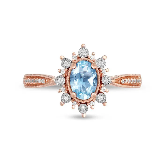 Oval Aquamarine and 010 CT TW Natural Diamond Sunburst Frame Antique VintageStyle Tapered Shank Ring in Solid 10K Rose Gold Goldia Rings Oval Aquamarine and 010 CT TW Natural Diamond Sunburst Frame Antique VintageStyle Tapered Shank Ring in Solid 10K Rose Gold Goldia Rings