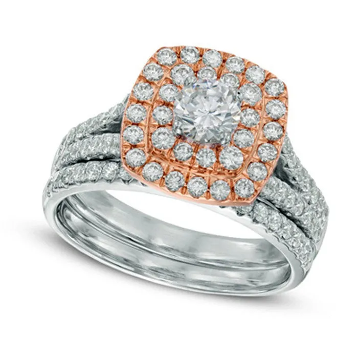 Previously Owned 15 CT TW Natural Diamond Double Frame Bridal Engagement Ring Set in Solid 14K TwoTone Gold II2 Goldia Rings Previously Owned 15 CT TW Natural Diamond Double Frame Bridal Engagement Ring Set in Solid 14K TwoTone Gold II2 Goldia Rings