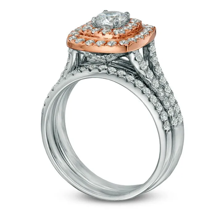Previously Owned 15 CT TW Natural Diamond Double Frame Bridal Engagement Ring Set in Solid 14K TwoTone Gold II2 Goldia Rings Previously Owned 15 CT TW Natural Diamond Double Frame Bridal Engagement Ring Set in Solid 14K TwoTone Gold II2 Goldia Rings