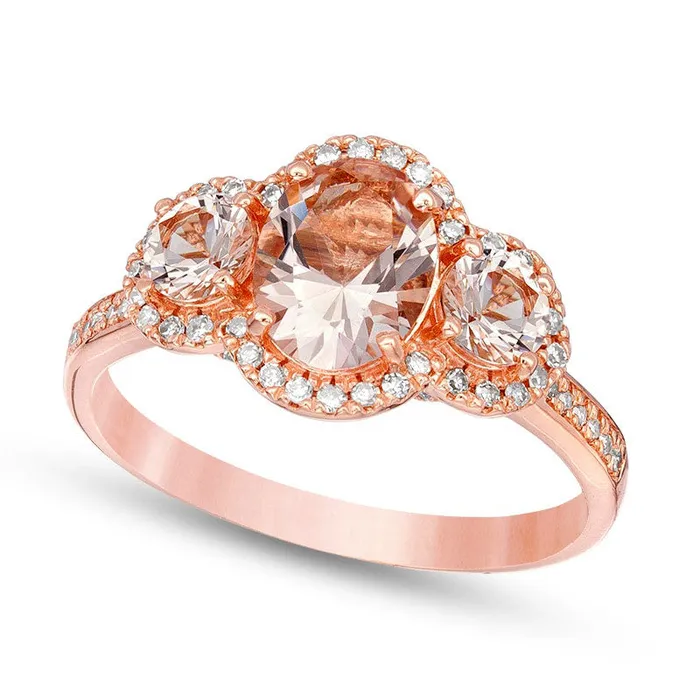 Previously Owned Oval Morganite and 020 CT TW Natural Diamond Frame Three Stone Engagement Ring in Solid 14K Rose Gold Goldia Rings Previously Owned Oval Morganite and 020 CT TW Natural Diamond Frame Three Stone Engagement Ring in Solid 14K Rose Gold Goldia Rings