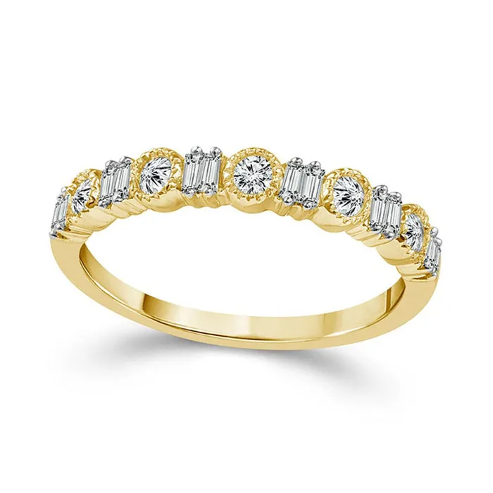 Rings 025 CT TW Baguette and Round Natural Diamond Alternating Antique VintageStyle Stackable Band in Solid 10K Yellow Gold Goldia Rings 025 CT TW Baguette and Round Natural Diamond Alternating Antique VintageStyle Stackable Band in Solid 10K Yellow Gold Goldia