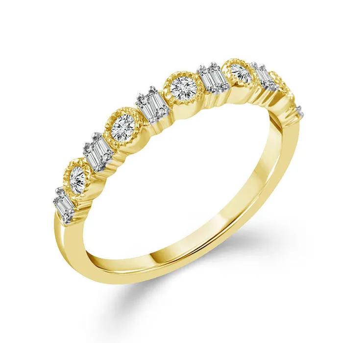 Rings 025 CT TW Baguette and Round Natural Diamond Alternating Antique VintageStyle Stackable Band in Solid 10K Yellow Gold Goldia Rings 025 CT TW Baguette and Round Natural Diamond Alternating Antique VintageStyle Stackable Band in Solid 10K Yellow Gold Goldia