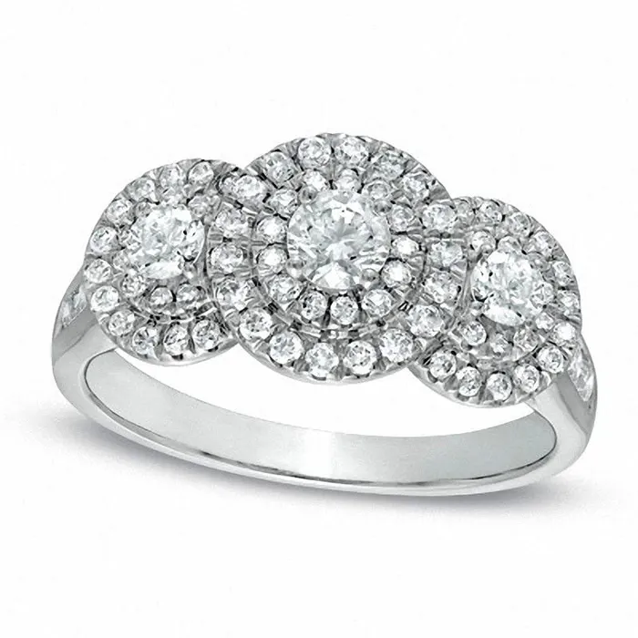 Rings 10 CT TW Natural Diamond Three Stone Double Frame Ring in Solid 10K White Gold Goldia Rings 10 CT TW Natural Diamond Three Stone Double Frame Ring in Solid 10K White Gold Goldia