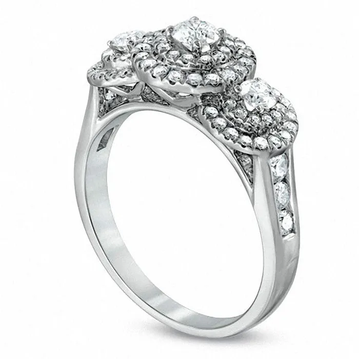 Rings 10 CT TW Natural Diamond Three Stone Double Frame Ring in Solid 10K White Gold Goldia Rings 10 CT TW Natural Diamond Three Stone Double Frame Ring in Solid 10K White Gold Goldia