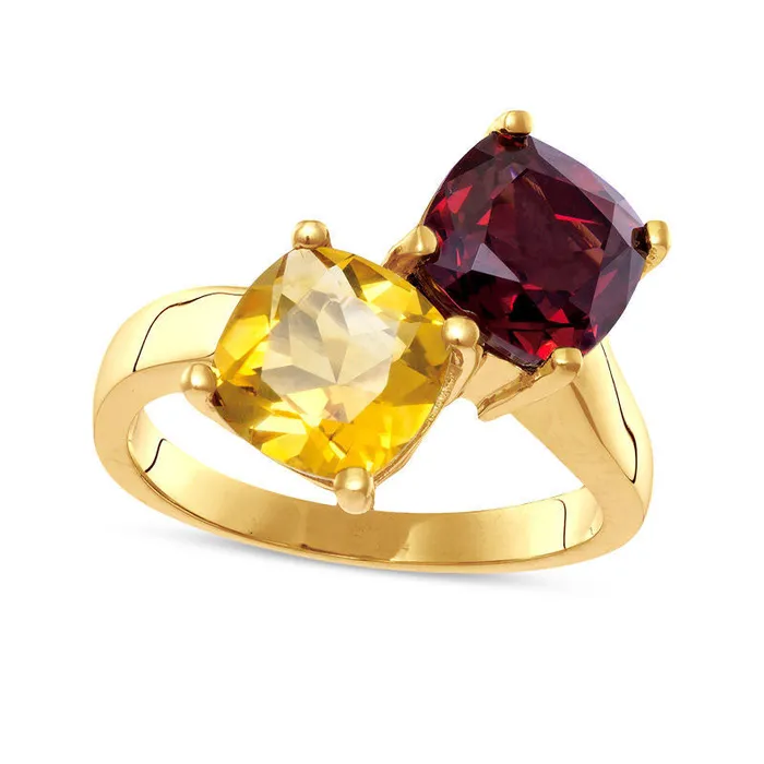 Rings 80mm CushionCut Garnet and Citrine Bypass Ring in Solid 10K Yellow Gold Goldia Rings 80mm CushionCut Garnet and Citrine Bypass Ring in Solid 10K Yellow Gold Goldia