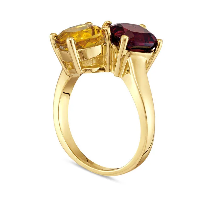 Rings 80mm CushionCut Garnet and Citrine Bypass Ring in Solid 10K Yellow Gold Goldia Rings 80mm CushionCut Garnet and Citrine Bypass Ring in Solid 10K Yellow Gold Goldia