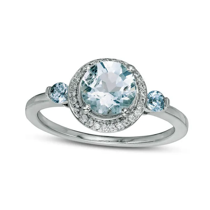 Rings Aquamarine and 017 CT TW Natural Diamond Frame Three Stone Ring in Sterling Silver Goldia Rings Aquamarine and 017 CT TW Natural Diamond Frame Three Stone Ring in Sterling Silver Goldia