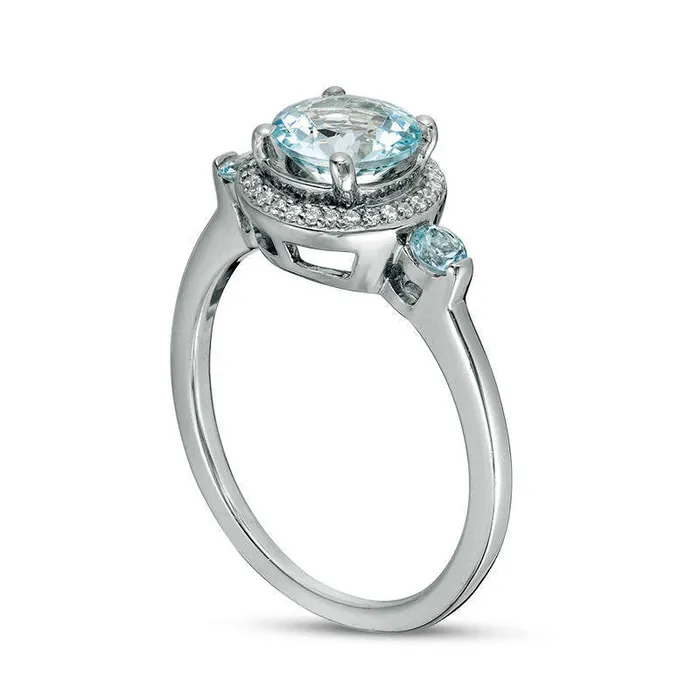Rings Aquamarine and 017 CT TW Natural Diamond Frame Three Stone Ring in Sterling Silver Goldia Rings Aquamarine and 017 CT TW Natural Diamond Frame Three Stone Ring in Sterling Silver Goldia