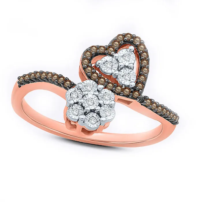 Rings Goldia 020 CT TW Champagne and White Natural Diamond Bypass Heart and Flower Cluster Ring in Solid 10K Rose Gold Rings Goldia 020 CT TW Champagne and White Natural Diamond Bypass Heart and Flower Cluster Ring in Solid 10K Rose Gold