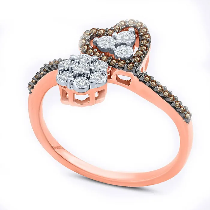 Rings Goldia 020 CT TW Champagne and White Natural Diamond Bypass Heart and Flower Cluster Ring in Solid 10K Rose Gold Rings Goldia 020 CT TW Champagne and White Natural Diamond Bypass Heart and Flower Cluster Ring in Solid 10K Rose Gold