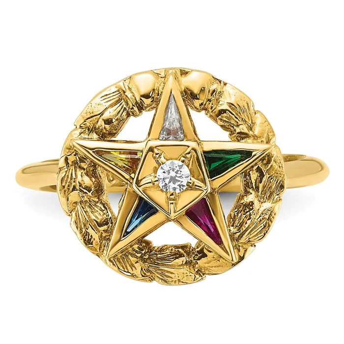 Rings Goldia 14k Yellow Gold Womens Polished and Textured with Multicolor CZ and Diamond Eastern Star Masonic Ring