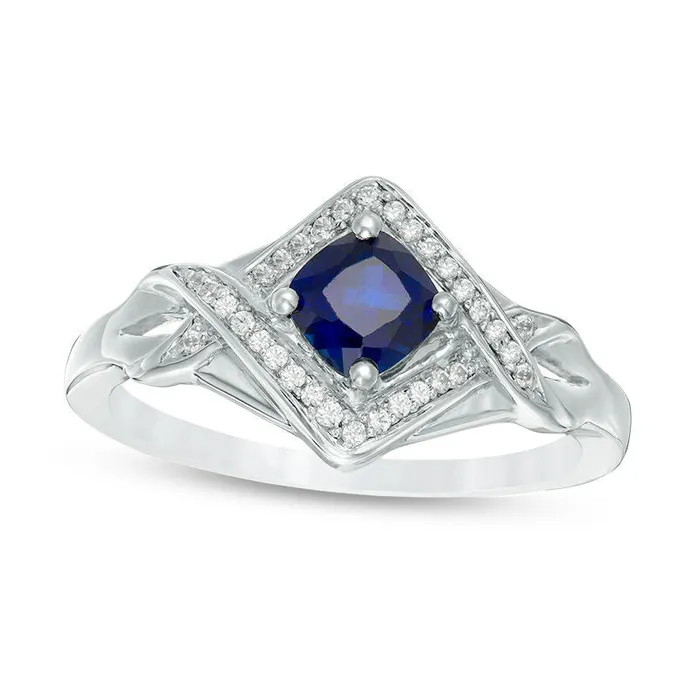 Rings Goldia 50mm CushionCut LabCreated Blue Sapphire and 010 CT TW Diamond Tilted Frame Ring in Sterling Silver Rings Goldia 50mm CushionCut LabCreated Blue Sapphire and 010 CT TW Diamond Tilted Frame Ring in Sterling Silver