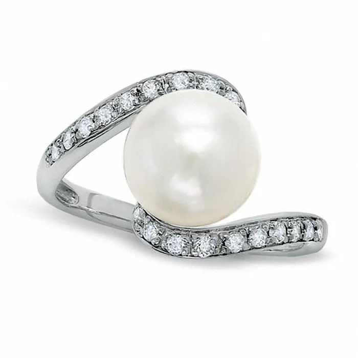 Rings Goldia 85mm Cultured Freshwater Pearl and 013 CT TW Natural Diamond Bypass Ring in Solid 10K White Gold Rings Goldia 85mm Cultured Freshwater Pearl and 013 CT TW Natural Diamond Bypass Ring in Solid 10K White Gold
