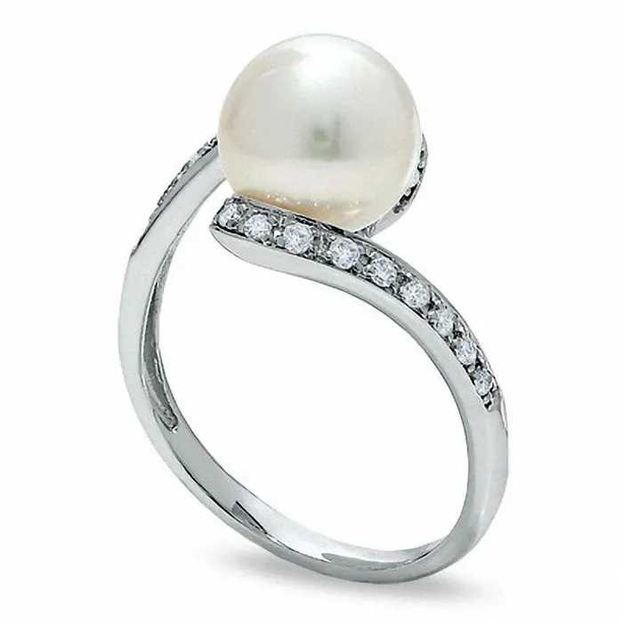 Rings Goldia 85mm Cultured Freshwater Pearl and 013 CT TW Natural Diamond Bypass Ring in Solid 10K White Gold Rings Goldia 85mm Cultured Freshwater Pearl and 013 CT TW Natural Diamond Bypass Ring in Solid 10K White Gold