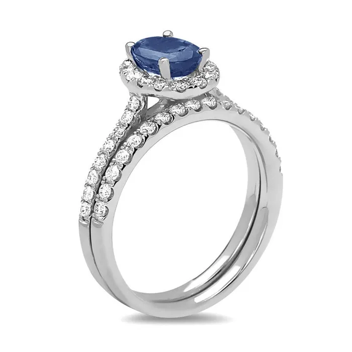 Rings Goldiacom Oval Blue Sapphire and 58 CT TW Diamond Frame Bridal Engagement Ring Set in 14K White Gold