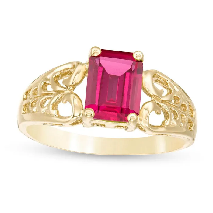 Rings Goldia EmeraldCut LabCreated Ruby Solitaire Open Scroll Ring in Solid 10K Yellow Gold Rings Goldia EmeraldCut LabCreated Ruby Solitaire Open Scroll Ring in Solid 10K Yellow Gold