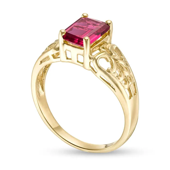 Rings Goldia EmeraldCut LabCreated Ruby Solitaire Open Scroll Ring in Solid 10K Yellow Gold Rings Goldia EmeraldCut LabCreated Ruby Solitaire Open Scroll Ring in Solid 10K Yellow Gold