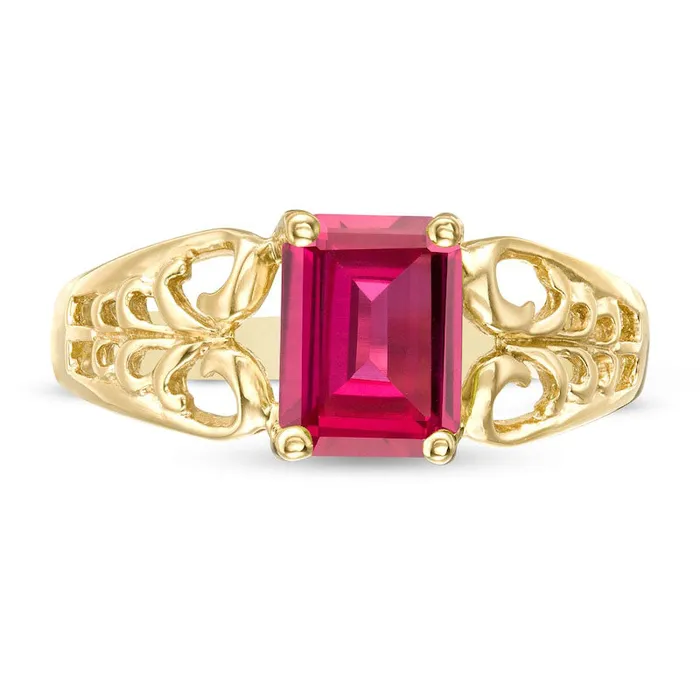 Rings Goldia EmeraldCut LabCreated Ruby Solitaire Open Scroll Ring in Solid 10K Yellow Gold Rings Goldia EmeraldCut LabCreated Ruby Solitaire Open Scroll Ring in Solid 10K Yellow Gold