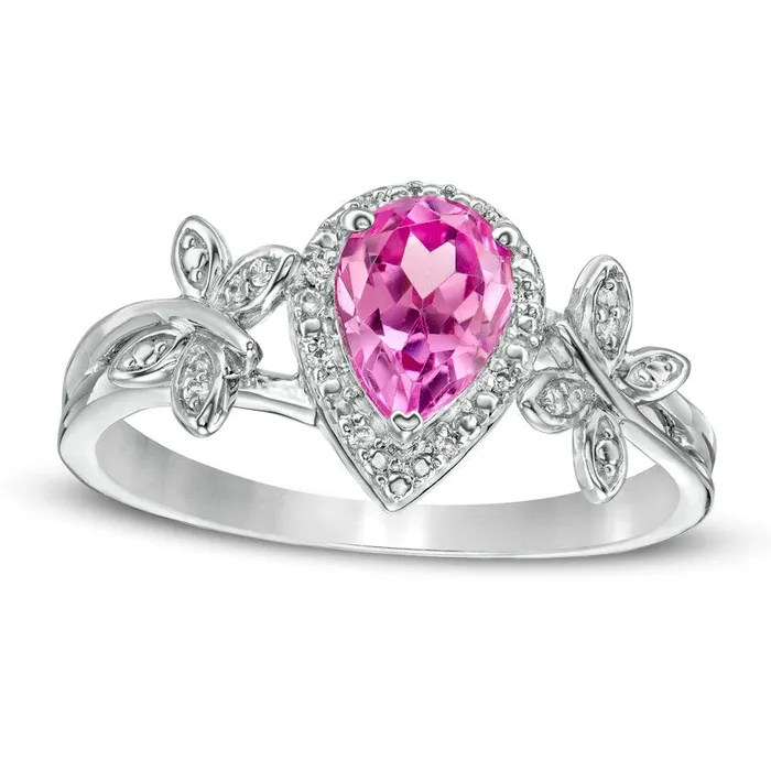 Rings Goldia PearShaped LabCreated Pink Sapphire and 005 CT TW Diamond Frame Butterfly Ring in Sterling Silver Rings Goldia PearShaped LabCreated Pink Sapphire and 005 CT TW Diamond Frame Butterfly Ring in Sterling Silver