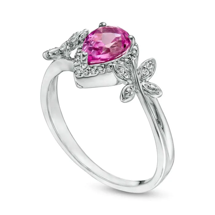 Rings Goldia PearShaped LabCreated Pink Sapphire and 005 CT TW Diamond Frame Butterfly Ring in Sterling Silver Rings Goldia PearShaped LabCreated Pink Sapphire and 005 CT TW Diamond Frame Butterfly Ring in Sterling Silver