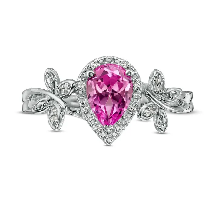 Rings Goldia PearShaped LabCreated Pink Sapphire and 005 CT TW Diamond Frame Butterfly Ring in Sterling Silver Rings Goldia PearShaped LabCreated Pink Sapphire and 005 CT TW Diamond Frame Butterfly Ring in Sterling Silver