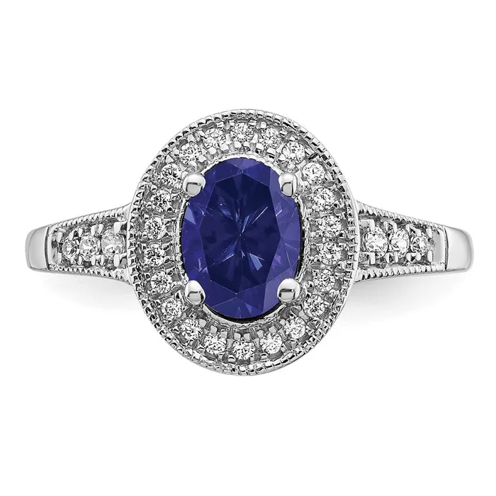 Rings Goldia Solid 14k White Gold Oval Created Simulated Sapphire and CZ Halo Ring