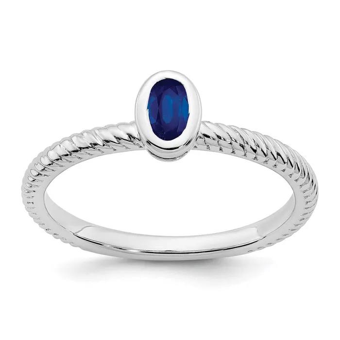 Solid 14k White Gold Oval Bezel Simulated Sapphire Ring Goldia Rings