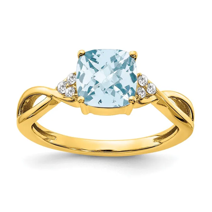 Solid 14k Yellow Gold ChecKerboard Simulated Aquamarine and CZ Ring Goldia Rings Solid 14k Yellow Gold ChecKerboard Simulated Aquamarine and CZ Ring Goldia Rings