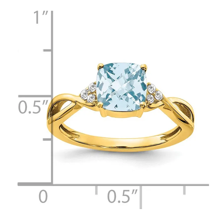 Solid 14k Yellow Gold ChecKerboard Simulated Aquamarine and CZ Ring Goldia Rings