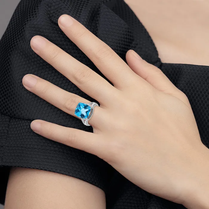 Sterling Silver Rhodium CheckerCut Blue Topaz Ring Goldia Rings