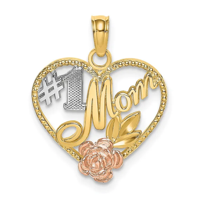 14k Twotone White Rhodium Textured 1 Mom Heart Charm TreasureFineJewelers Rings 14k Twotone White Rhodium Textured 1 Mom Heart Charm TreasureFineJewelers Rings
