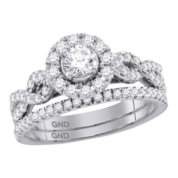 14kt white gold womens round diamond solitaire halo twisted bridal wedding ring set 1 cttw certified113450 North Arrow Shop Rings