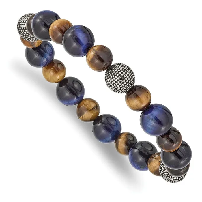 Bracelets TreasureFineJewelers Chisel Stainless Steel Antiqued and Polished 810mm Brown and Blue Tigers Eye Beaded Stretch Bracelet Bracelets TreasureFineJewelers Chisel Stainless Steel Antiqued and Polished 810mm Brown and Blue Tigers Eye Beaded Stretch Bracelet