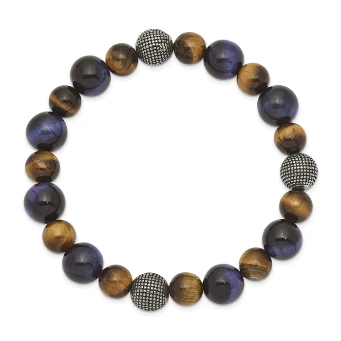 Bracelets TreasureFineJewelers Chisel Stainless Steel Antiqued and Polished 810mm Brown and Blue Tigers Eye Beaded Stretch Bracelet