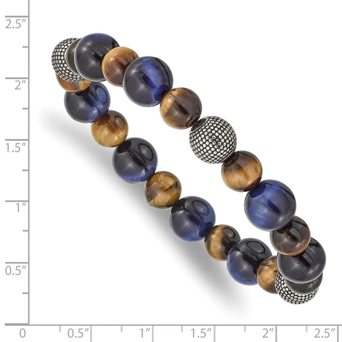 Bracelets TreasureFineJewelers Chisel Stainless Steel Antiqued and Polished 810mm Brown and Blue Tigers Eye Beaded Stretch Bracelet