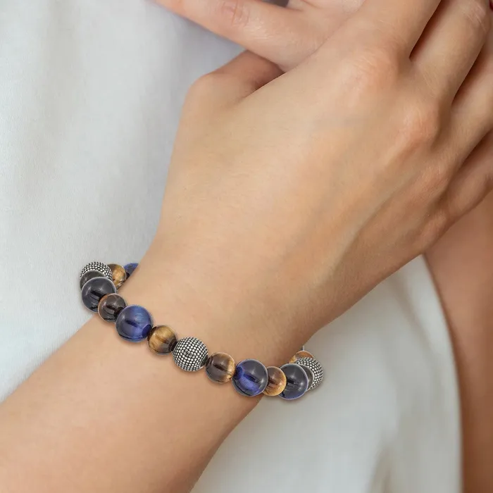Bracelets TreasureFineJewelers Chisel Stainless Steel Antiqued and Polished 810mm Brown and Blue Tigers Eye Beaded Stretch Bracelet