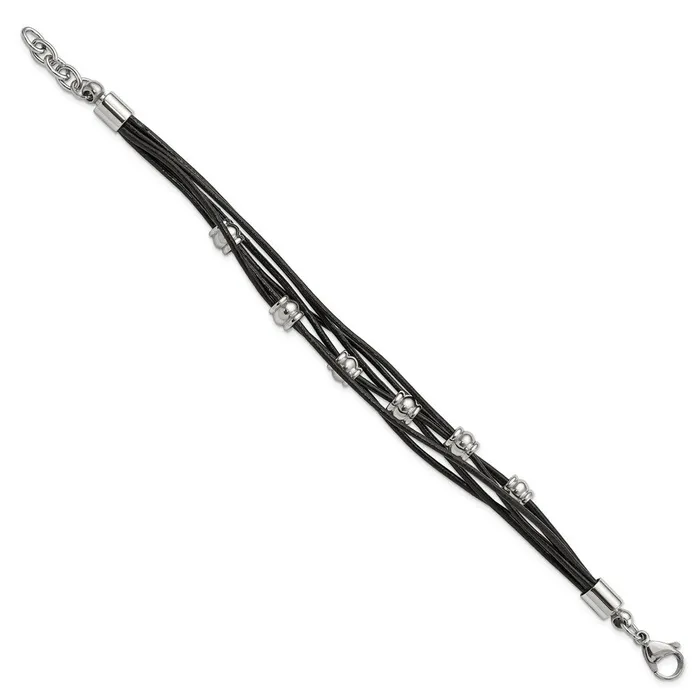 Bracelets TreasureFineJewelers Chisel Stainless Steel Polished Beaded MultiStrand Black Leather 75 inch Bracelet with 75 inch Extension