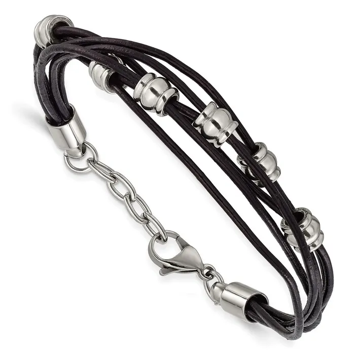 Bracelets TreasureFineJewelers Chisel Stainless Steel Polished Beaded MultiStrand Black Leather 75 inch Bracelet with 75 inch Extension