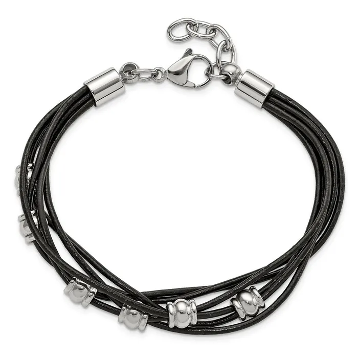 Bracelets TreasureFineJewelers Chisel Stainless Steel Polished Beaded MultiStrand Black Leather 75 inch Bracelet with 75 inch Extension