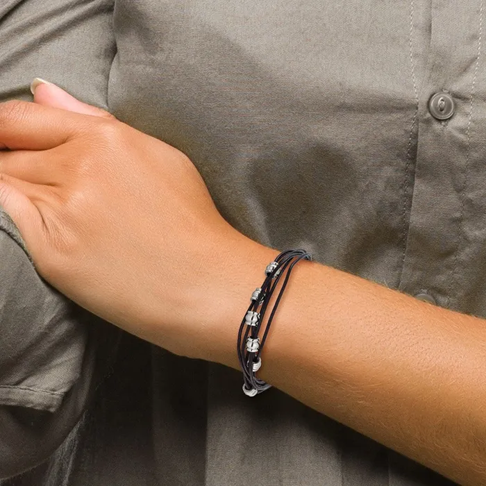 Bracelets TreasureFineJewelers Chisel Stainless Steel Polished Beaded MultiStrand Black Leather 75 inch Bracelet with 75 inch Extension