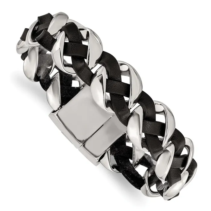 Bracelets TreasureFineJewelers Chisel Stainless Steel Polished Black Braided Leather 8 inch Bracelet Bracelets TreasureFineJewelers Chisel Stainless Steel Polished Black Braided Leather 8 inch Bracelet