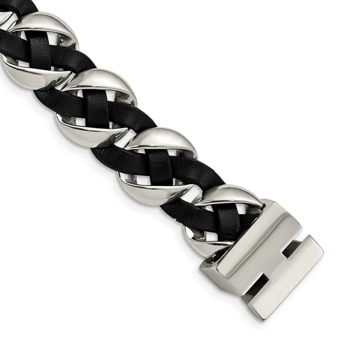 Bracelets TreasureFineJewelers Chisel Stainless Steel Polished Black Braided Leather 8 inch Bracelet